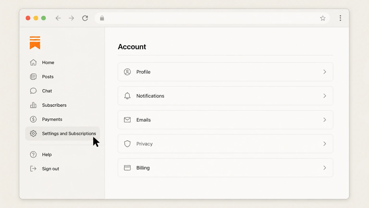 Substack web cancellation: Open Settings and Subscriptions