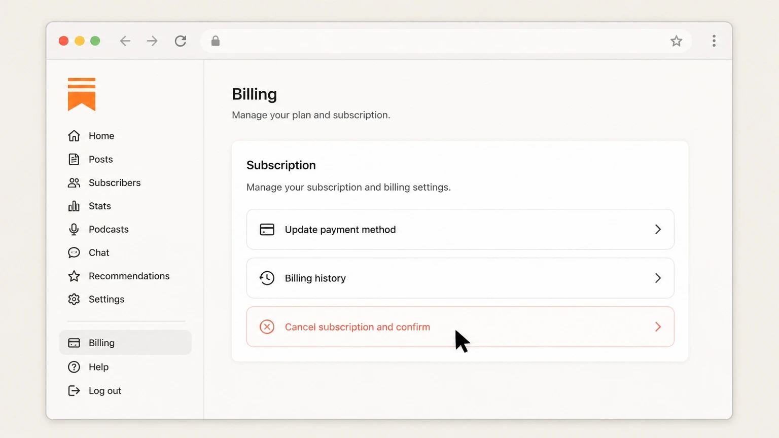 Substack web cancellation: Select Cancel subscription and confirm