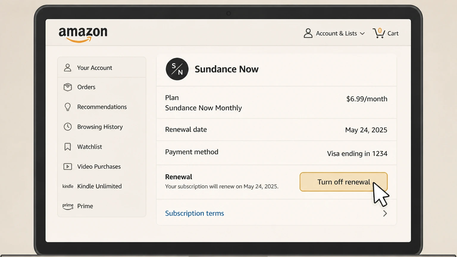 Sundance Now amazon cancellation: Turn off renewal