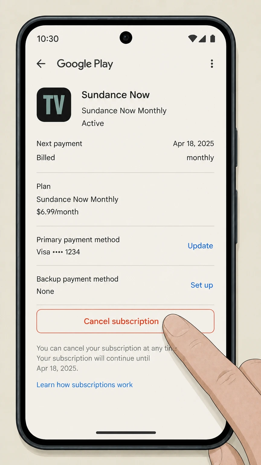 Sundance Now google-play cancellation: Tap Cancel subscription
