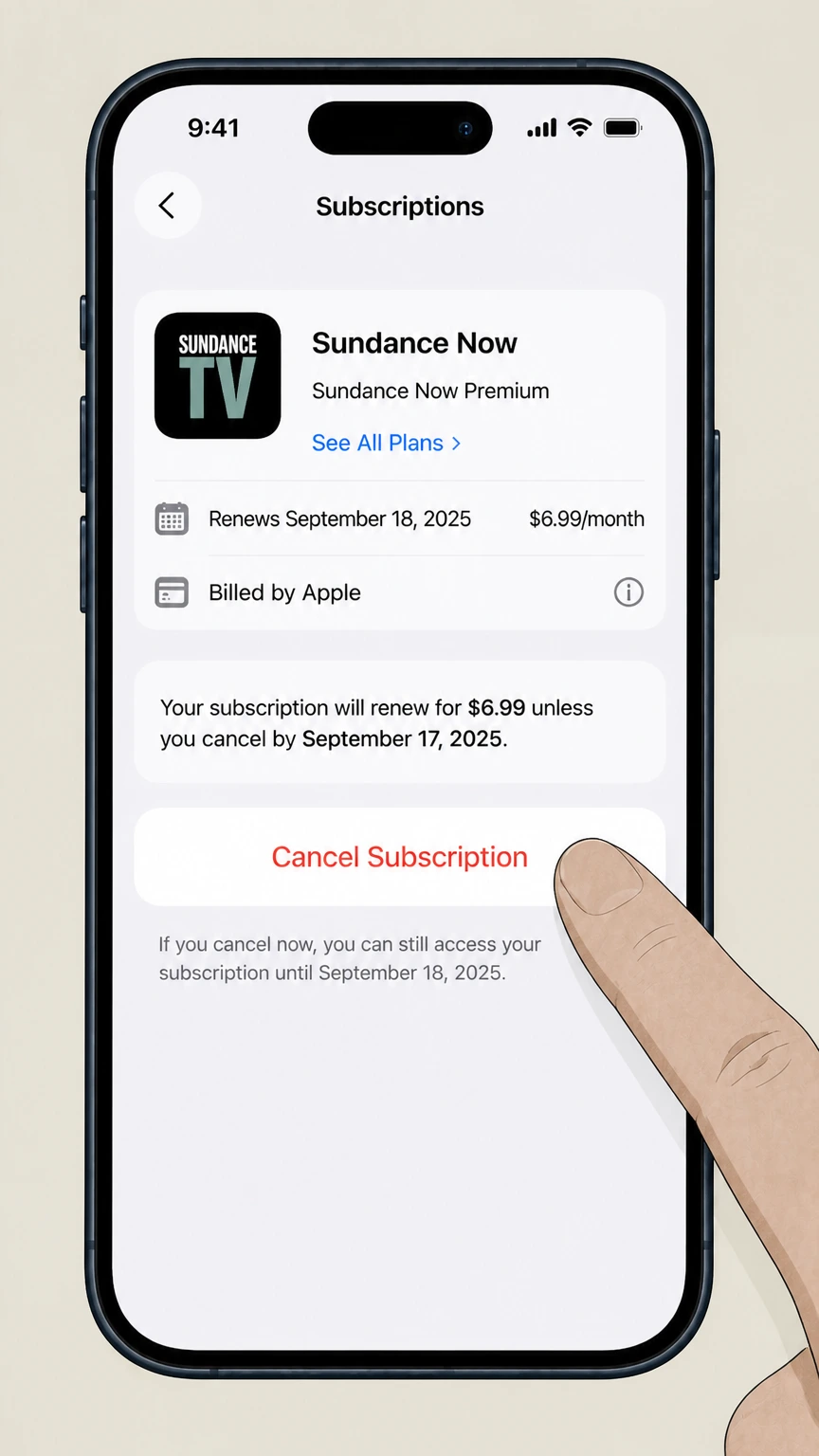 Sundance Now ios cancellation: Tap Cancel Subscription