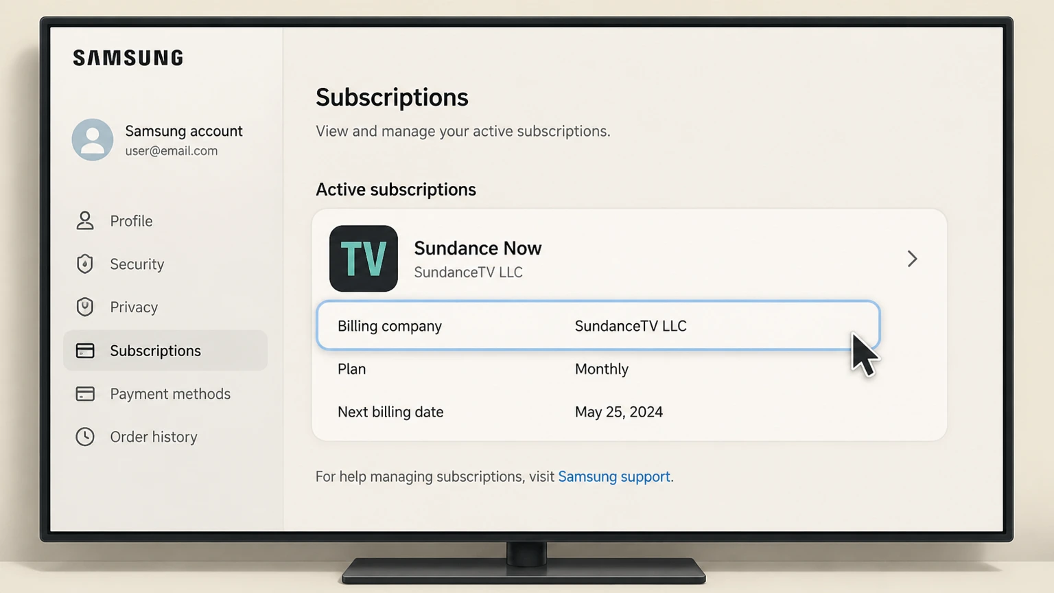 Sundance Now samsung-tv cancellation: Identify the billing company