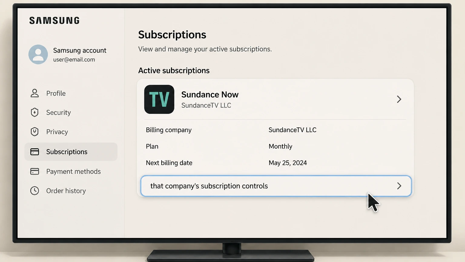 Sundance Now samsung-tv cancellation: Open that company’s subscription controls