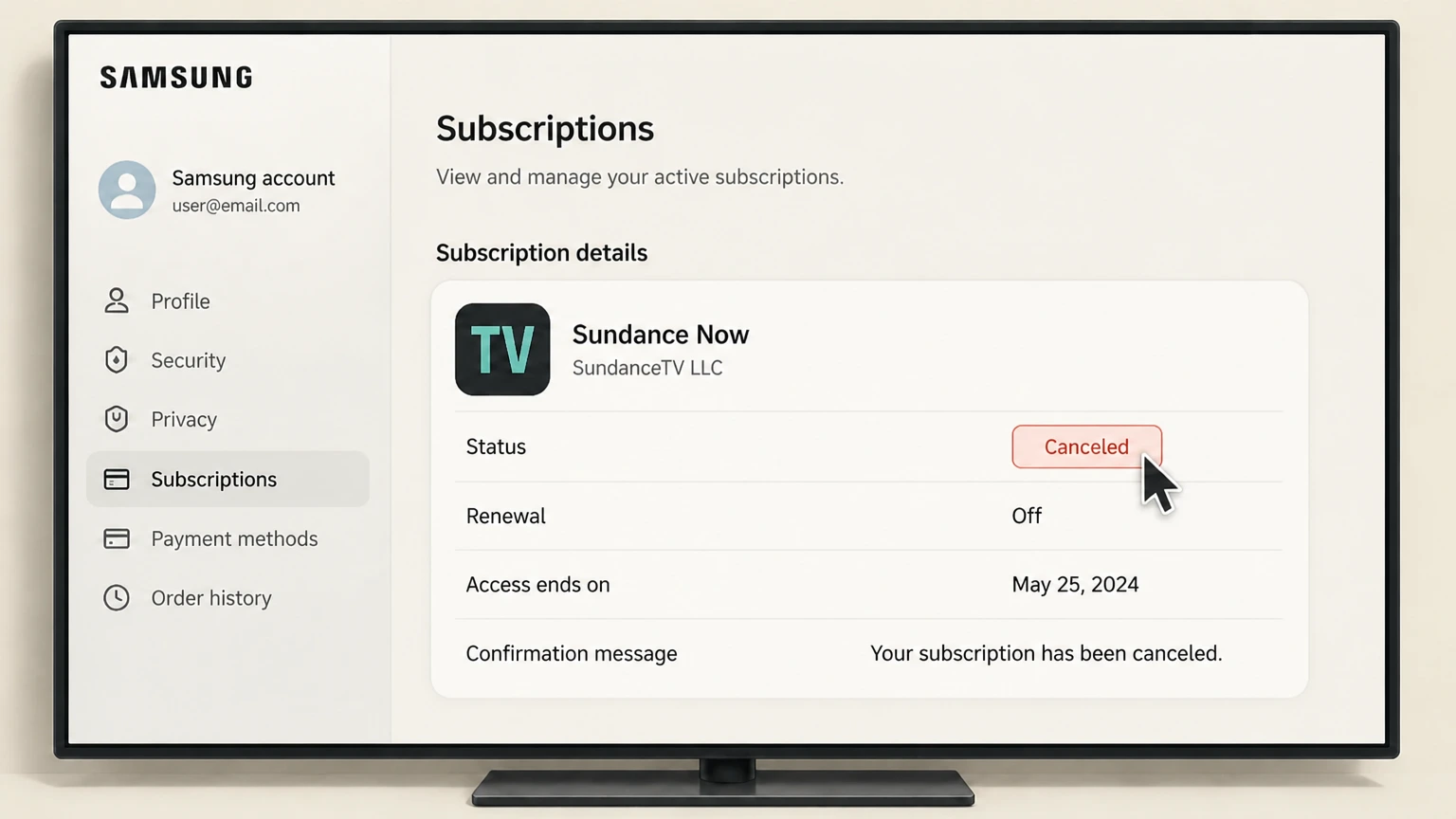 Sundance Now samsung-tv cancellation: Keep proof