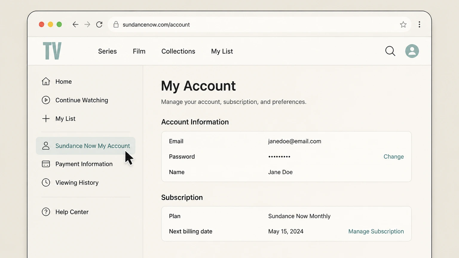 Sundance Now web cancellation: Open Sundance Now My Account