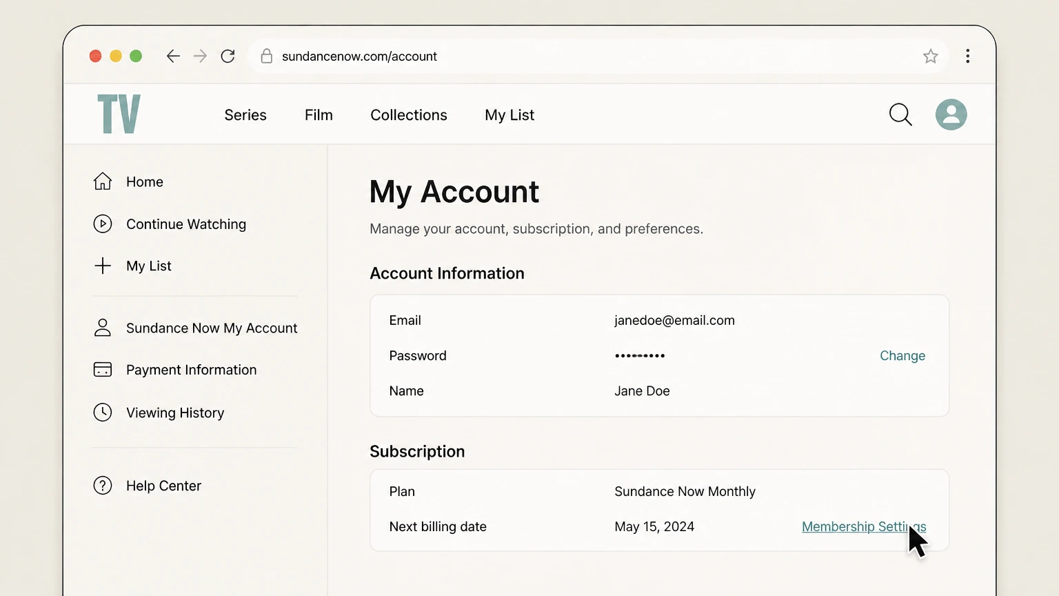 Sundance Now web cancellation: Open Membership Settings