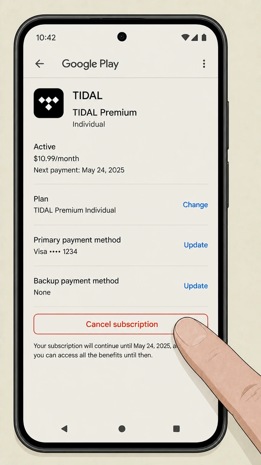 TIDAL google-play cancellation: Tap Cancel subscription