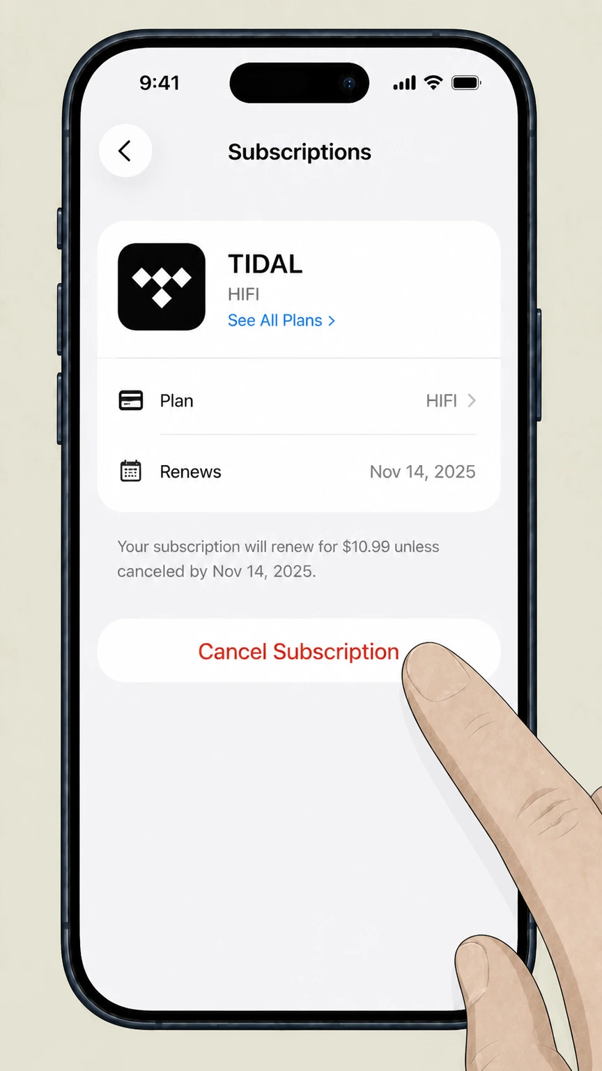 TIDAL ios cancellation: Tap Cancel Subscription