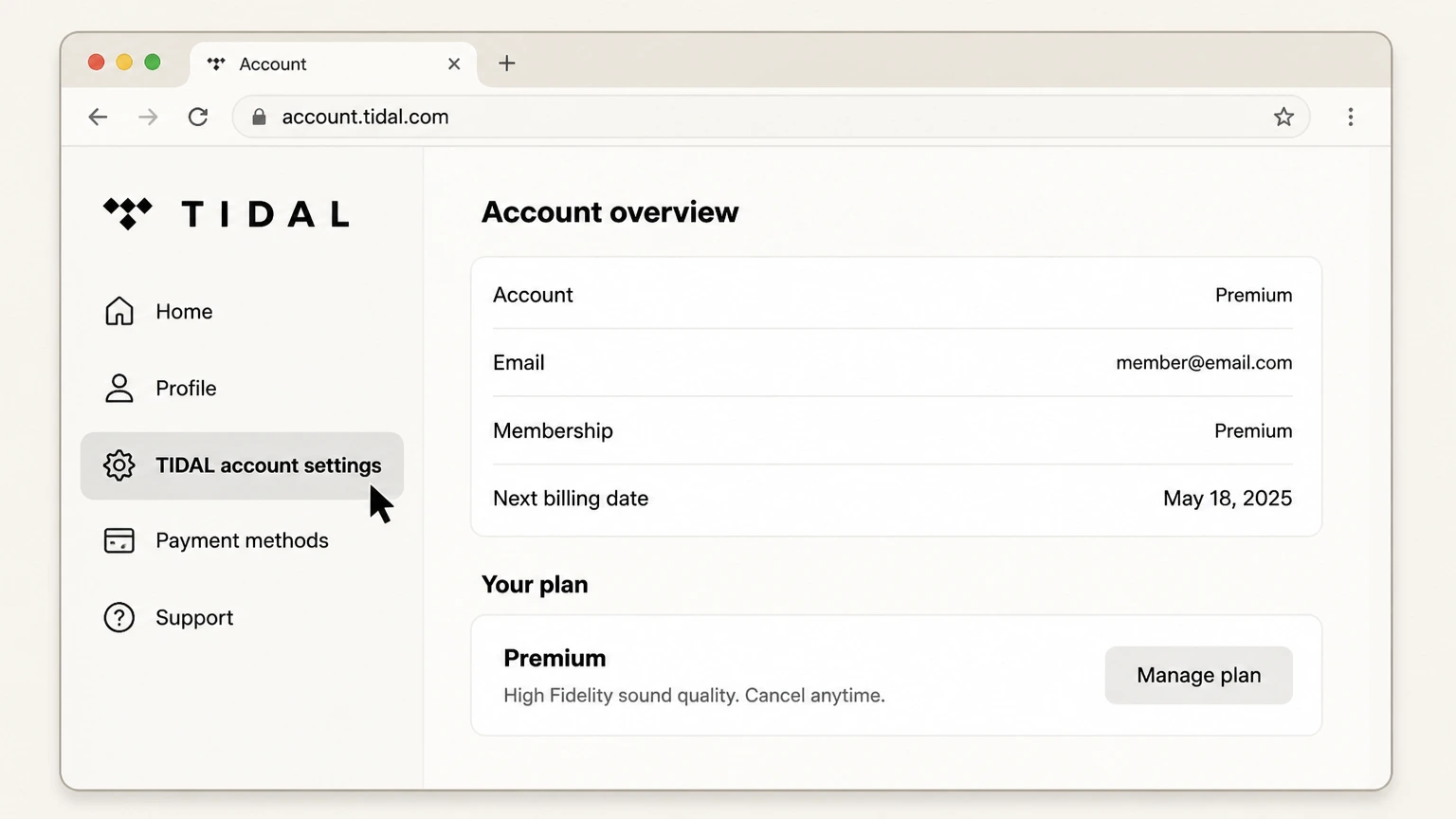 TIDAL web cancellation: Open TIDAL account settings