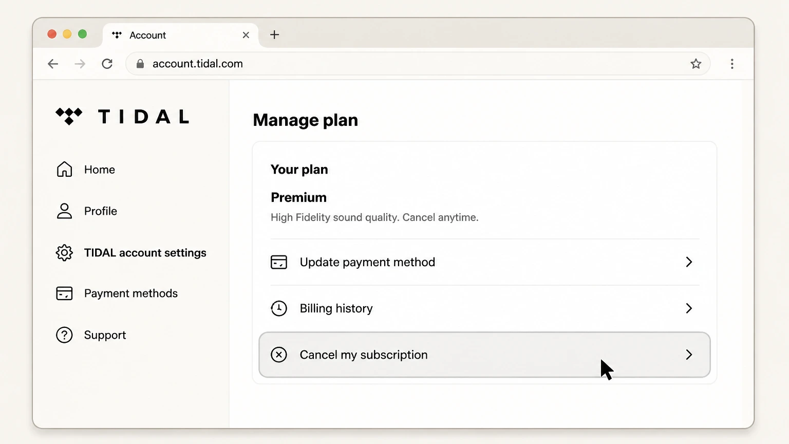 TIDAL web cancellation: Choose Cancel my subscription