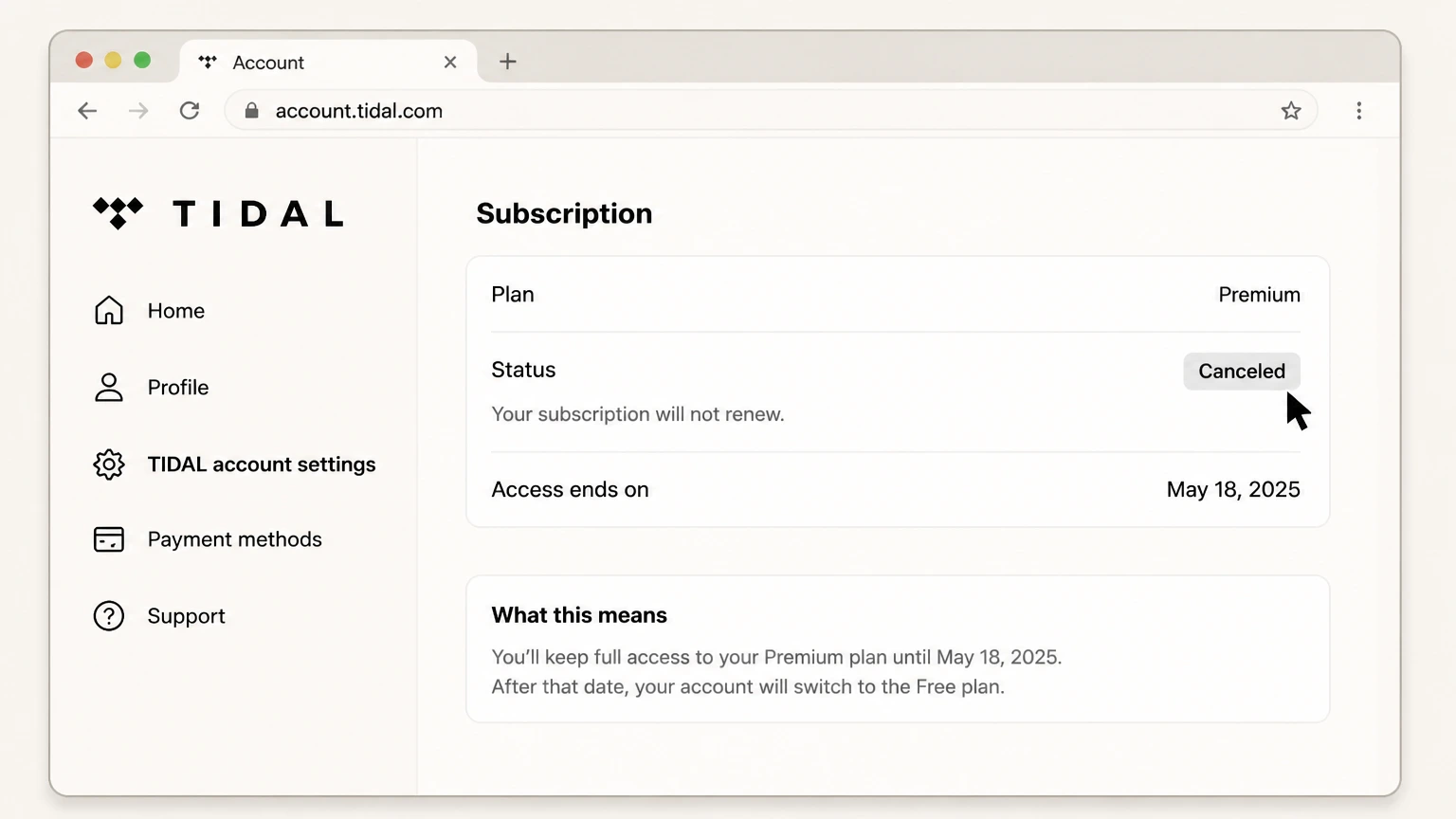 TIDAL web cancellation: Save the expiration state