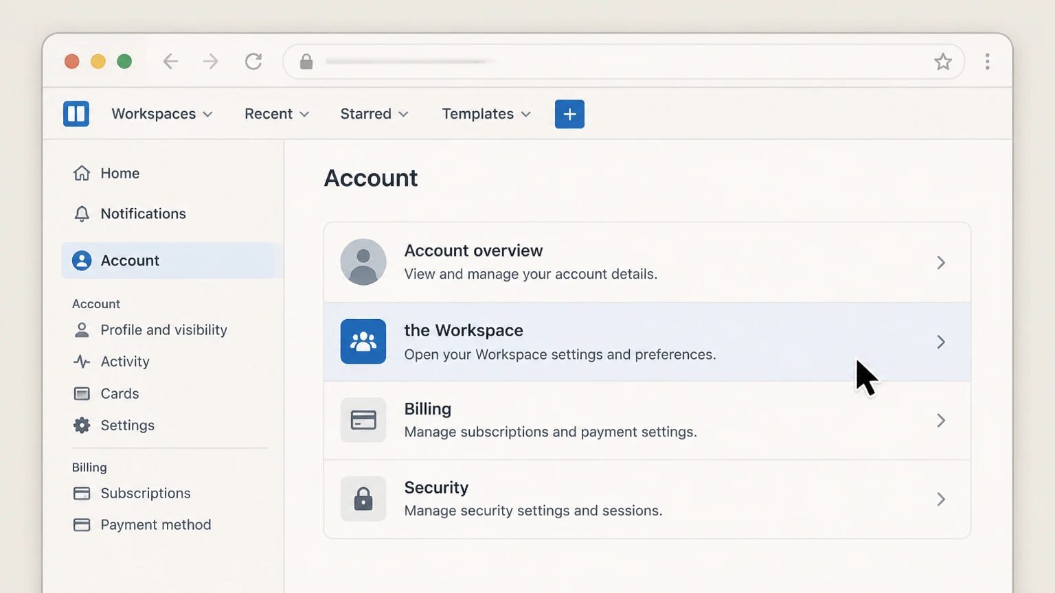 Trello web cancellation: Open the Workspace