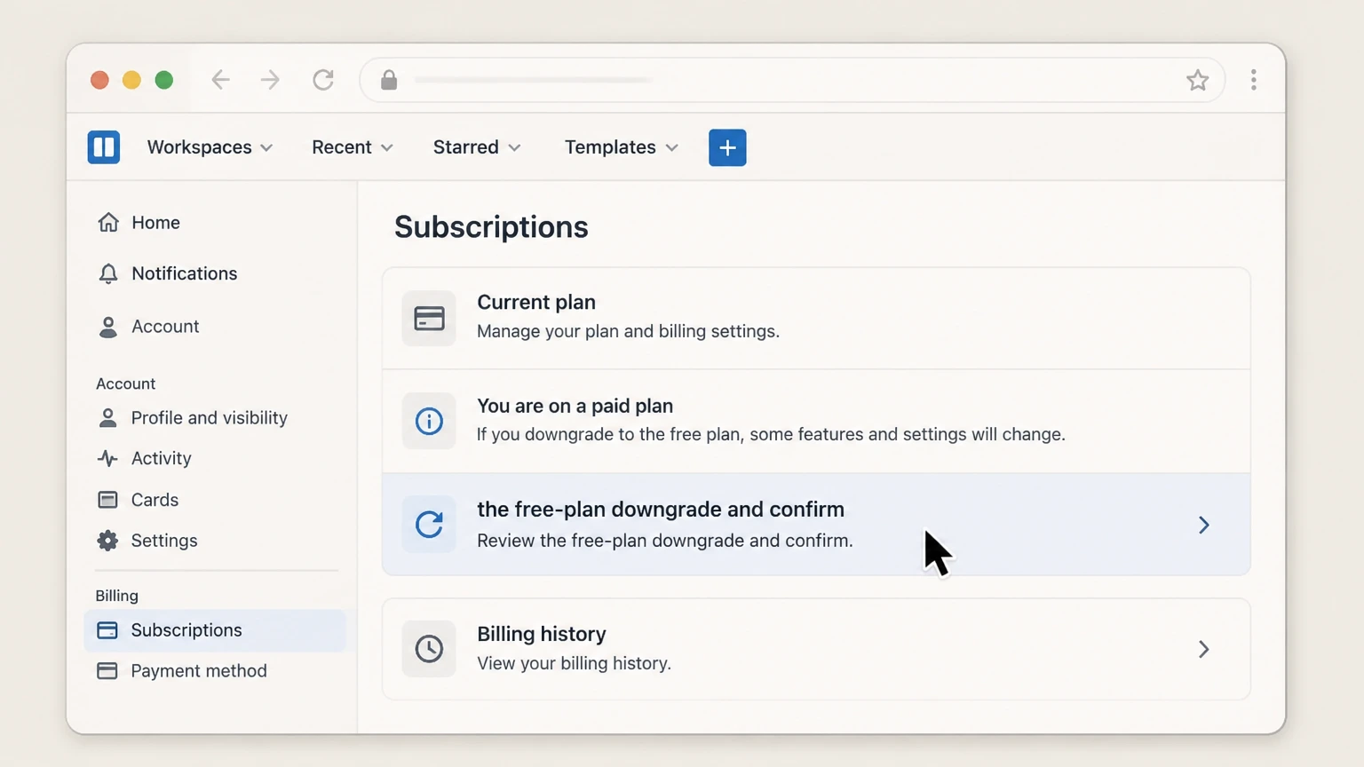 Trello web cancellation: Review the free-plan downgrade and confirm