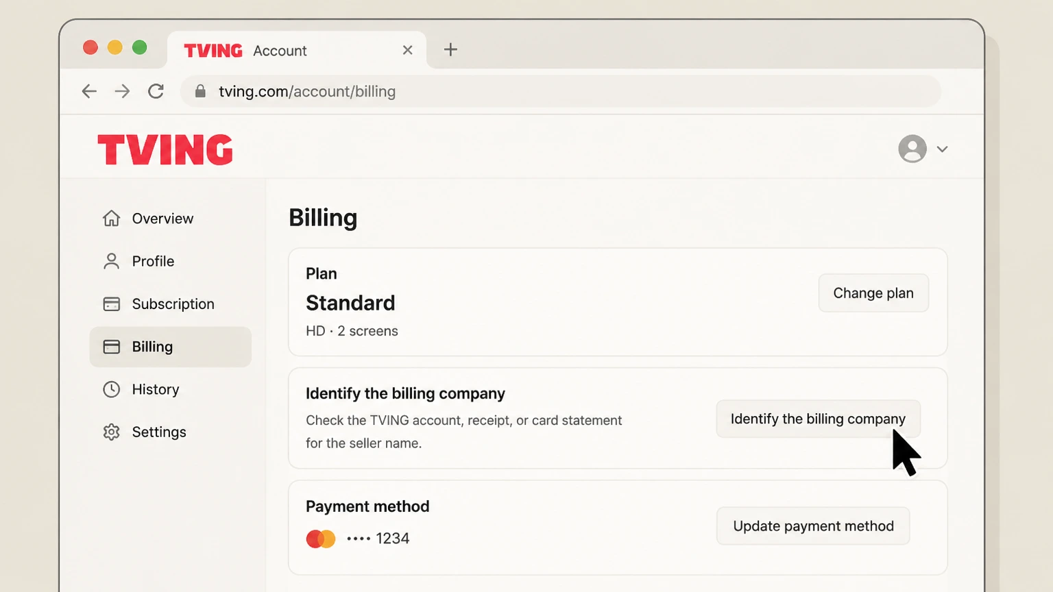 TVING billing-partner cancellation: Identify the billing company