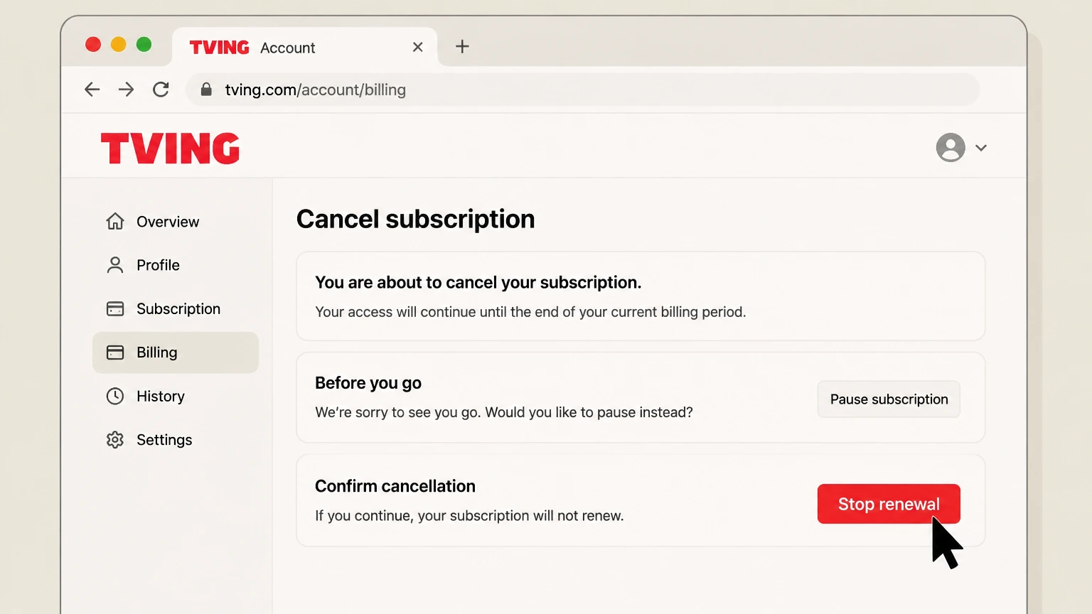 TVING billing-partner cancellation: Stop renewal