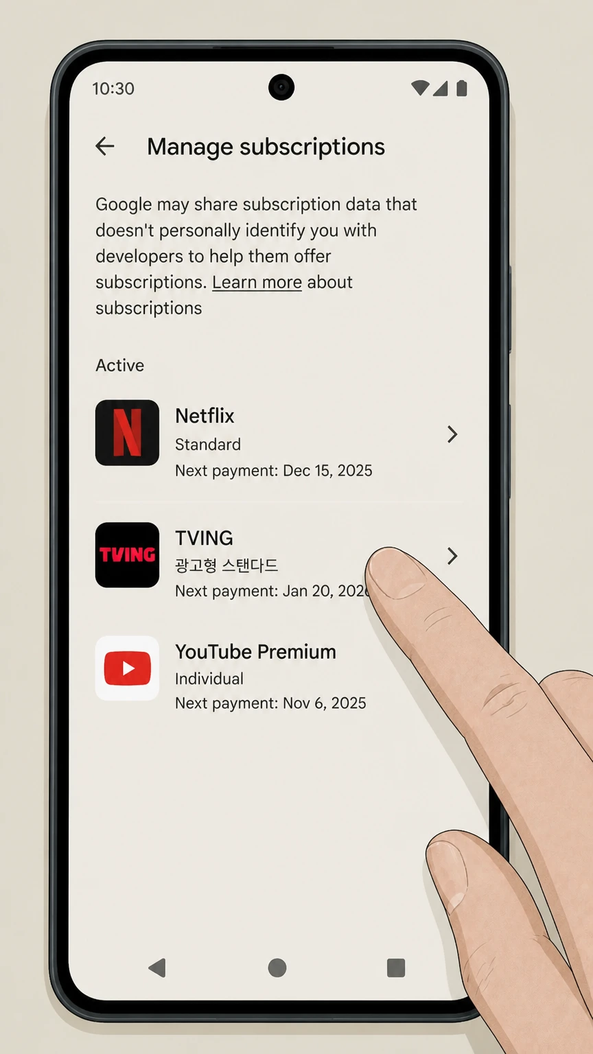 TVING google-play cancellation: Choose TVING
