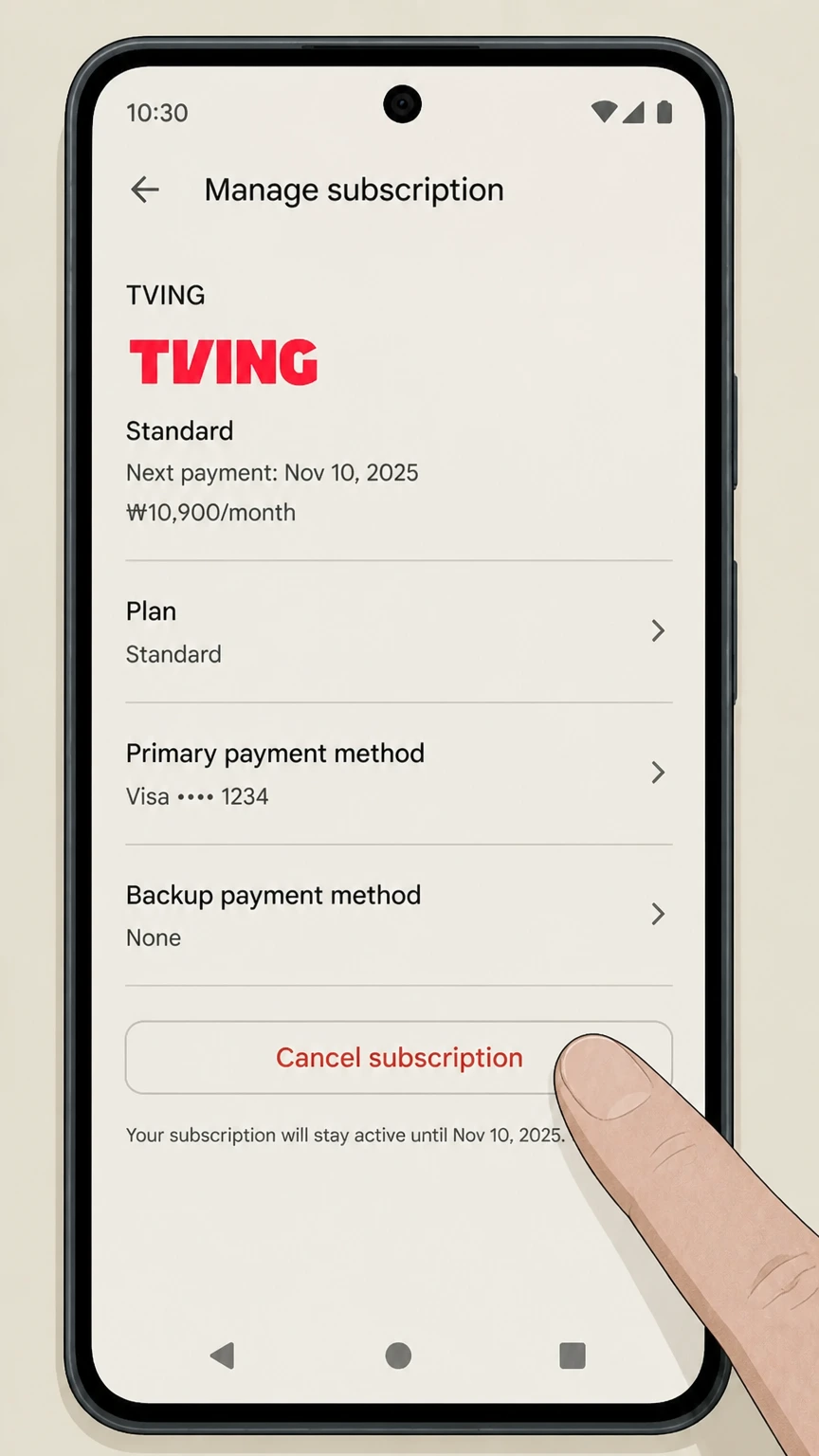 TVING google-play cancellation: Tap Cancel subscription
