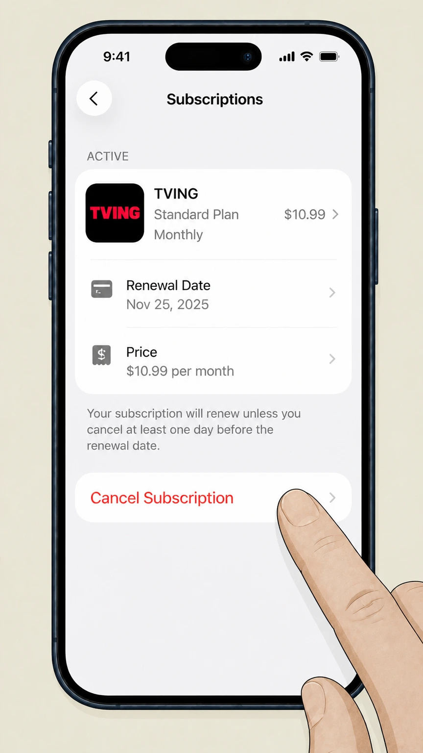 TVING ios cancellation: Tap Cancel Subscription
