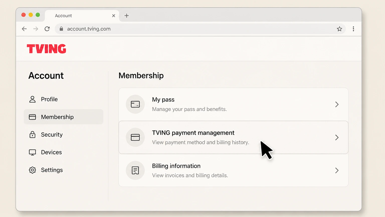 TVING web cancellation: Open TVING payment management