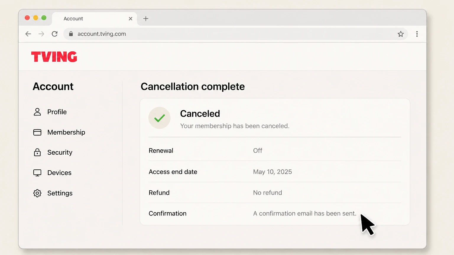TVING web cancellation: Save the result