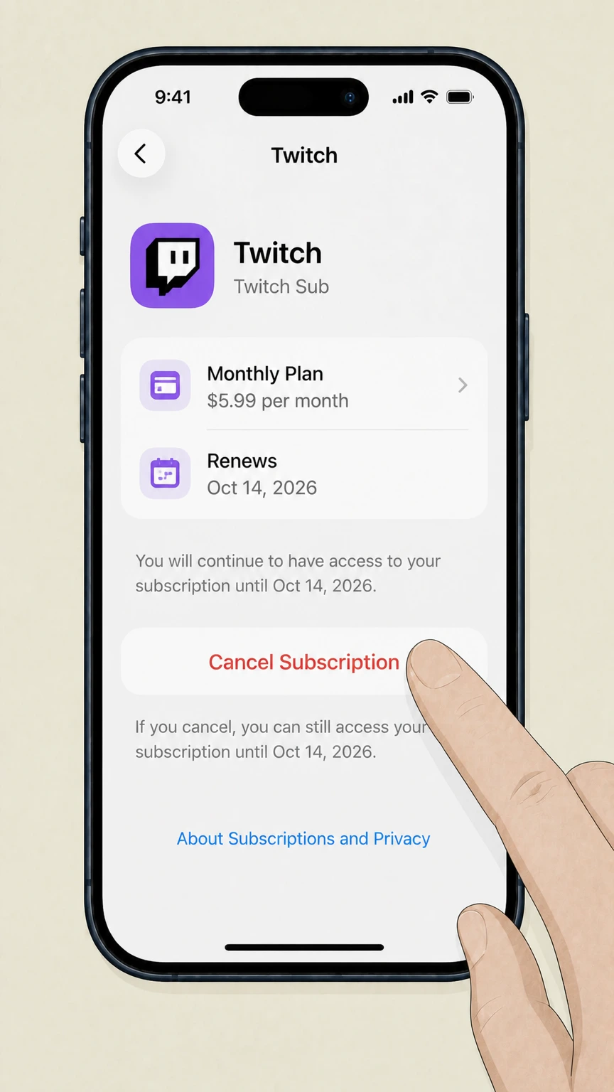 Twitch ios cancellation: Tap Cancel Subscription