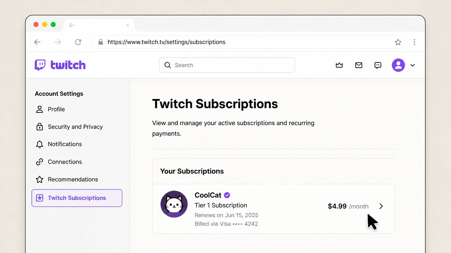 Twitch web cancellation: Choose a channel subscription