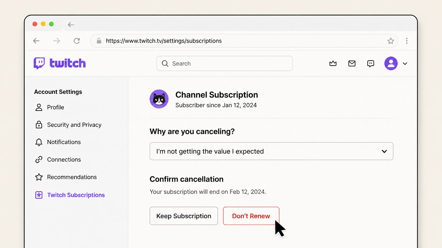 Twitch web cancellation: Choose Don’t Renew