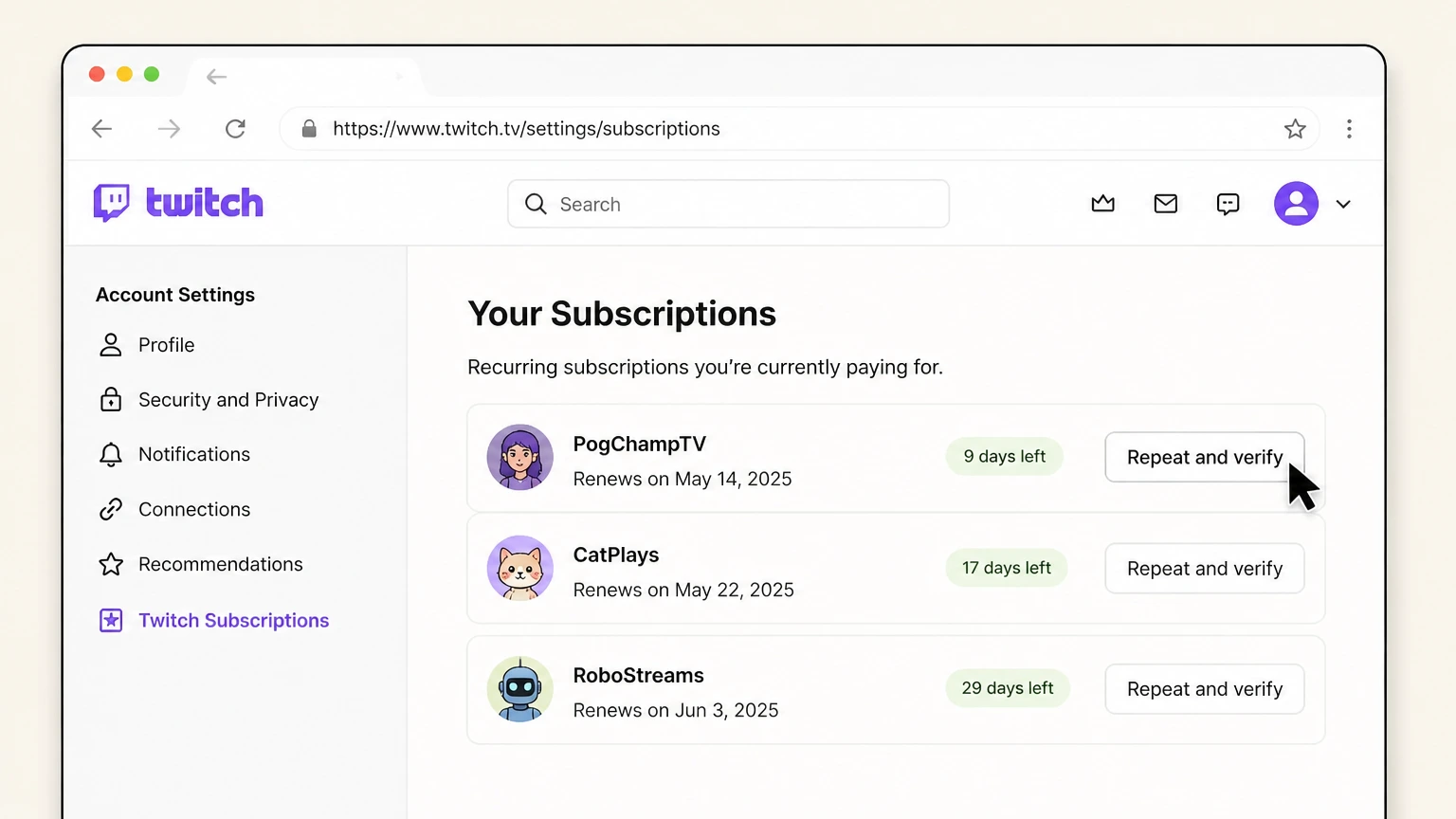 Twitch web cancellation: Repeat and verify
