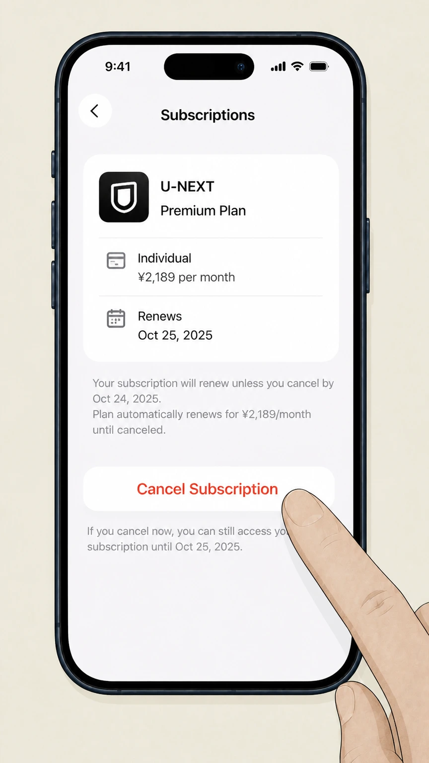 U-NEXT ios cancellation: Tap Cancel Subscription