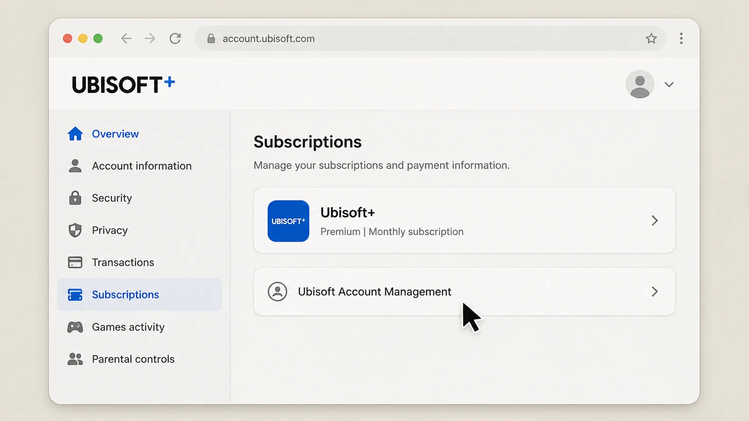 Ubisoft+ web cancellation: Open Ubisoft Account Management