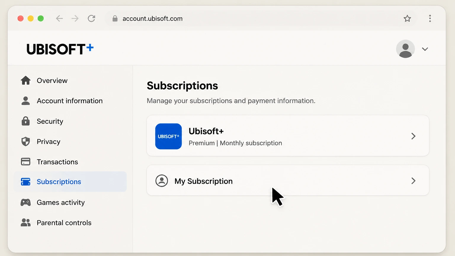 Ubisoft+ web cancellation: Open My Subscription