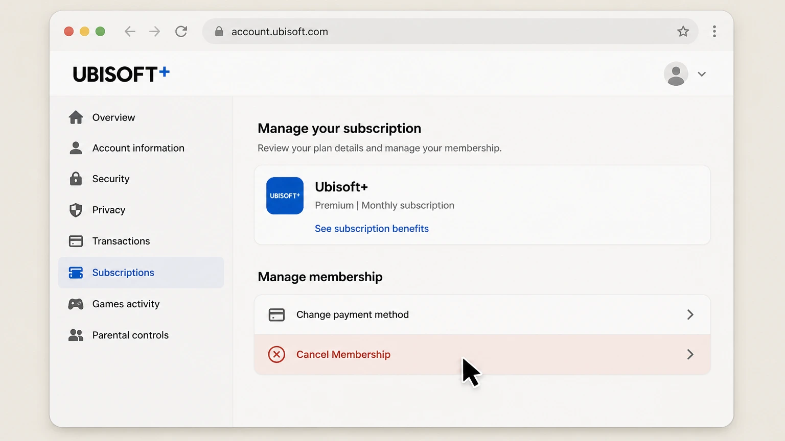 Ubisoft+ web cancellation: Choose Cancel Membership