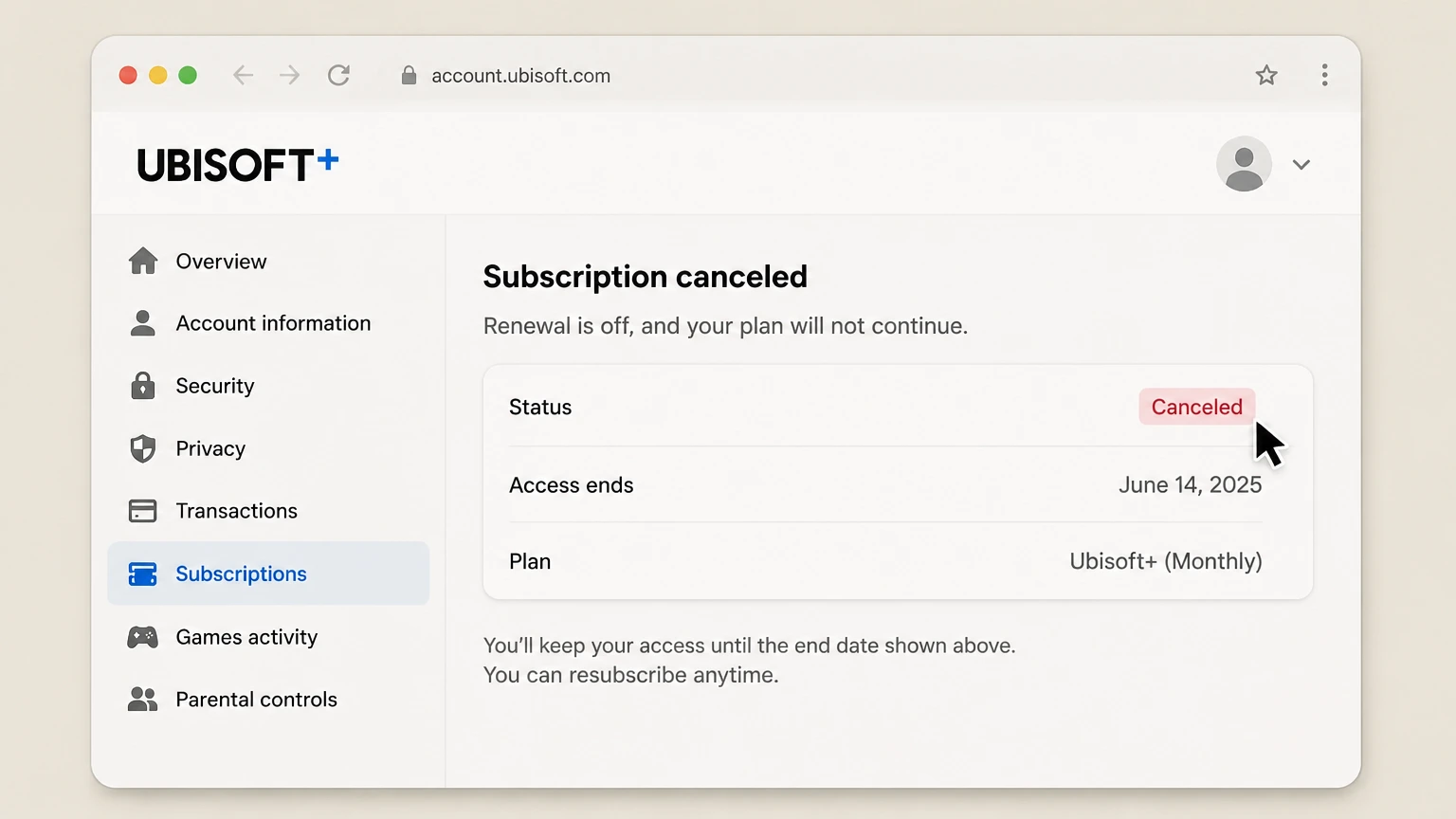 Ubisoft+ web cancellation: Save the end date