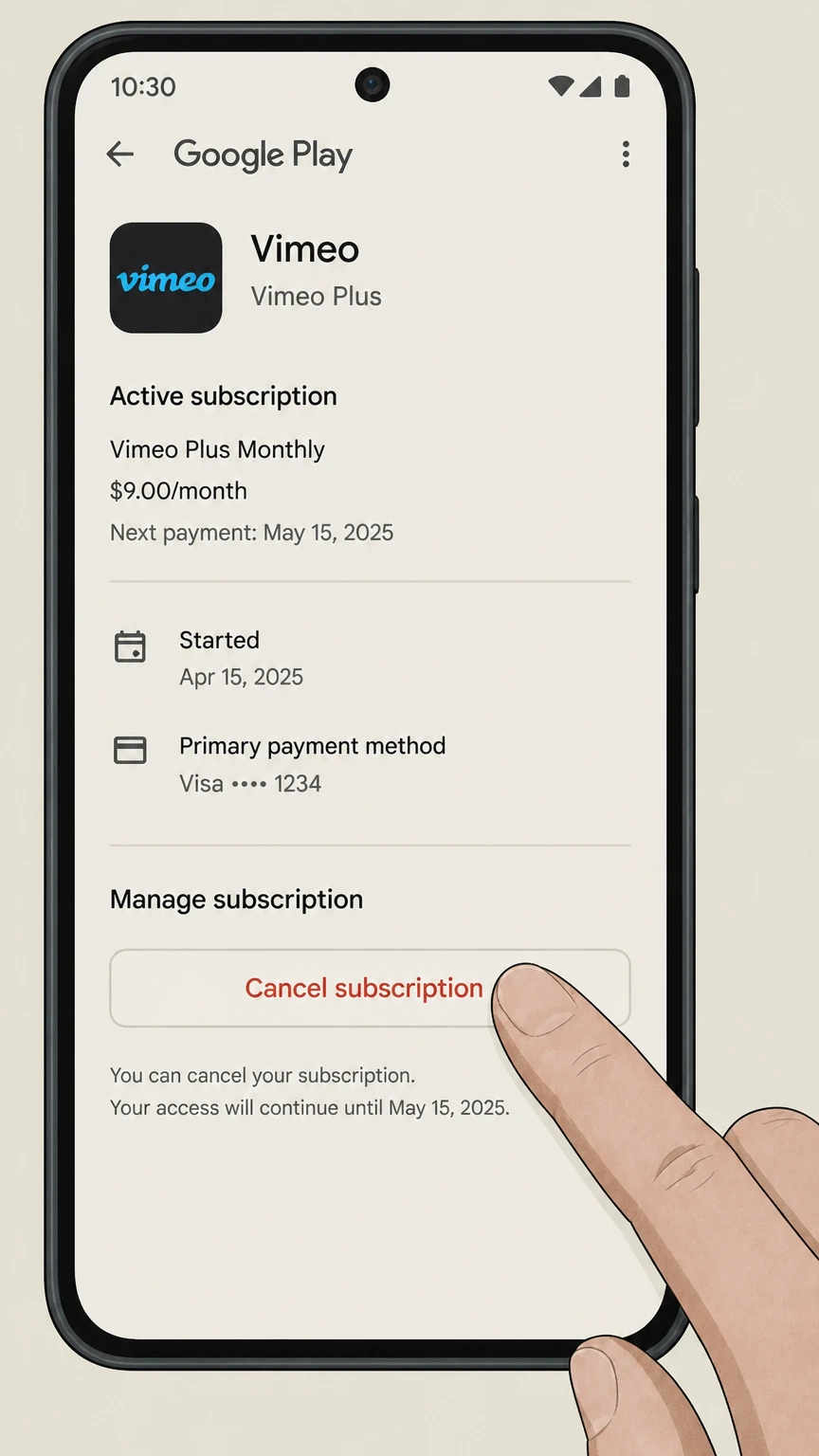 Vimeo google-play cancellation: Tap Cancel subscription