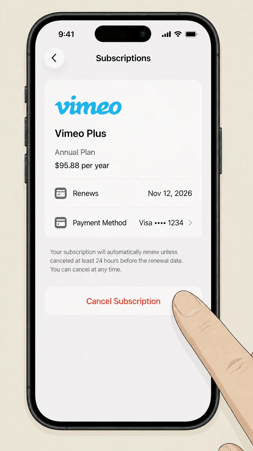 Vimeo ios cancellation: Tap Cancel Subscription