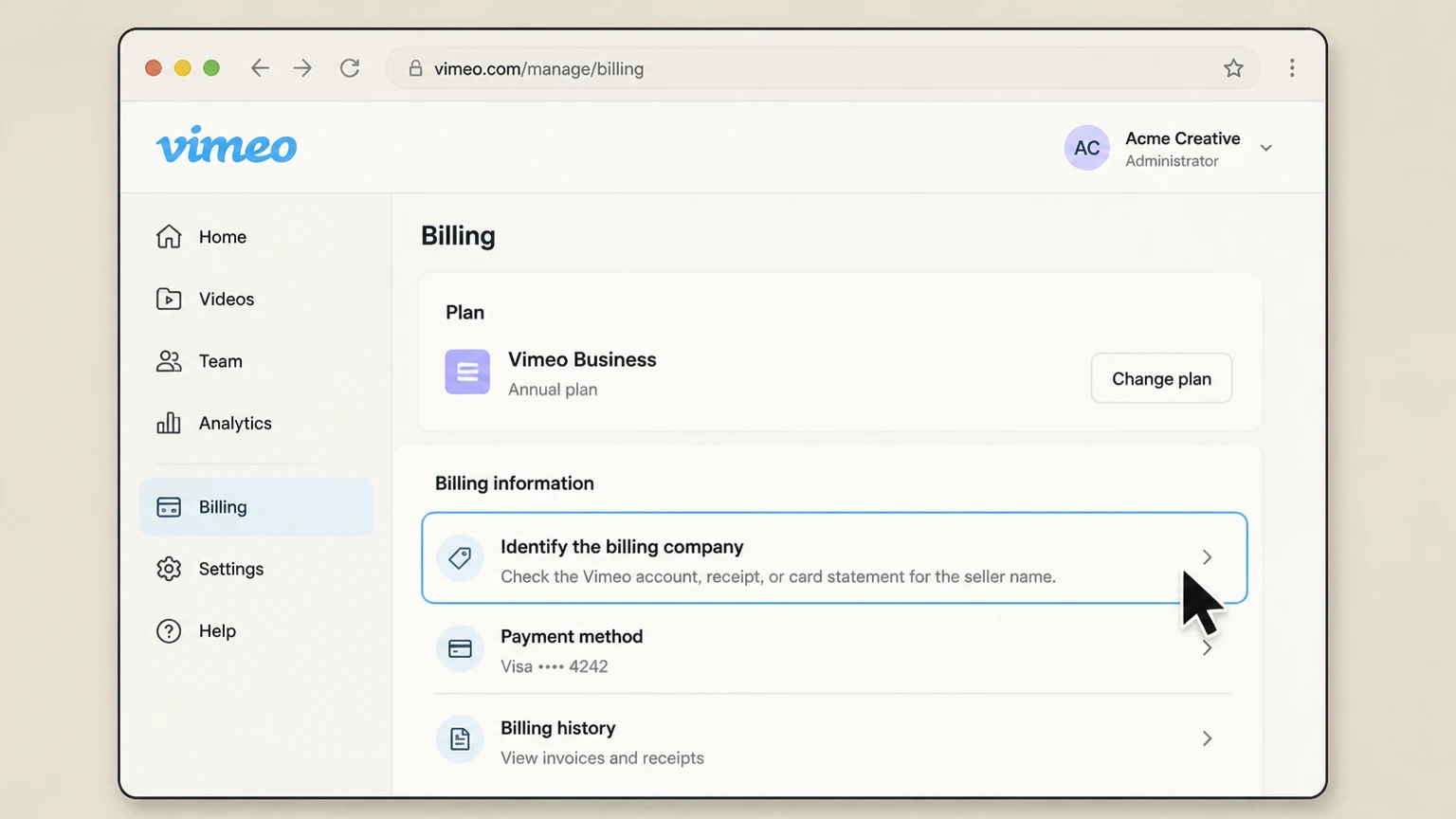 Vimeo organization cancellation: Identify the billing company