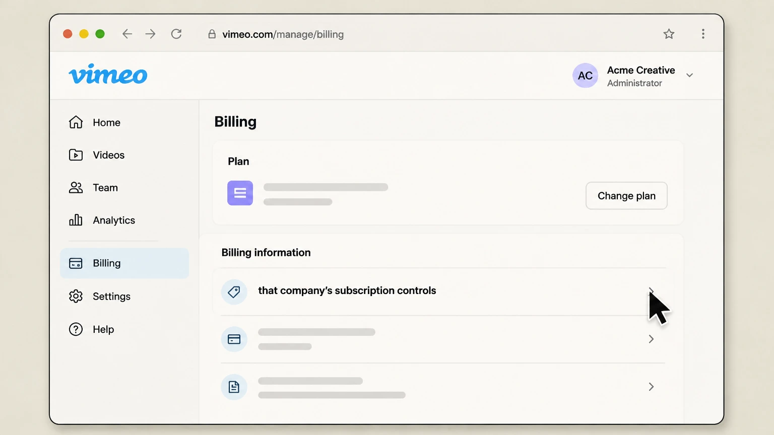 Vimeo organization cancellation: Open that company’s subscription controls