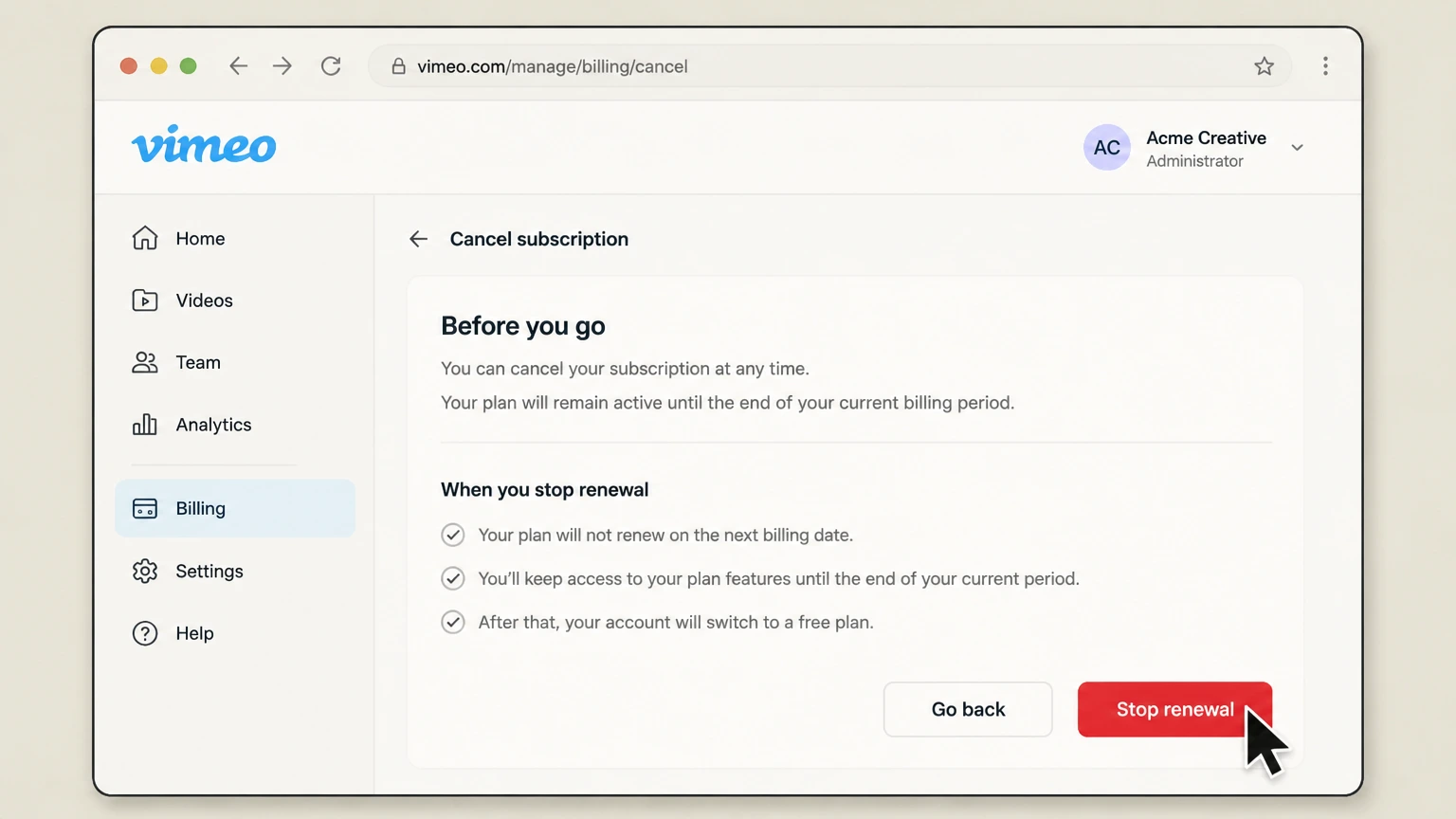 Vimeo organization cancellation: Stop renewal