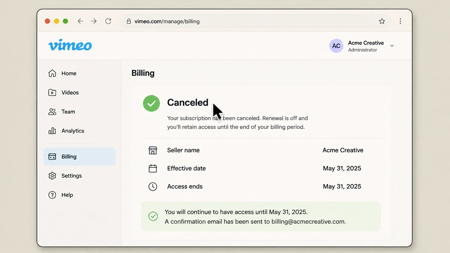 Vimeo organization cancellation: Keep proof