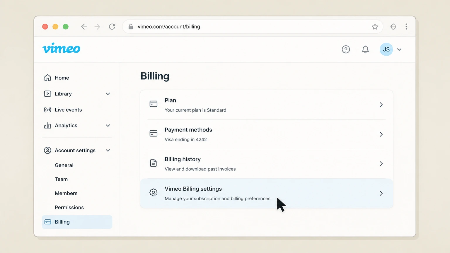 Vimeo web cancellation: Open Vimeo Billing settings