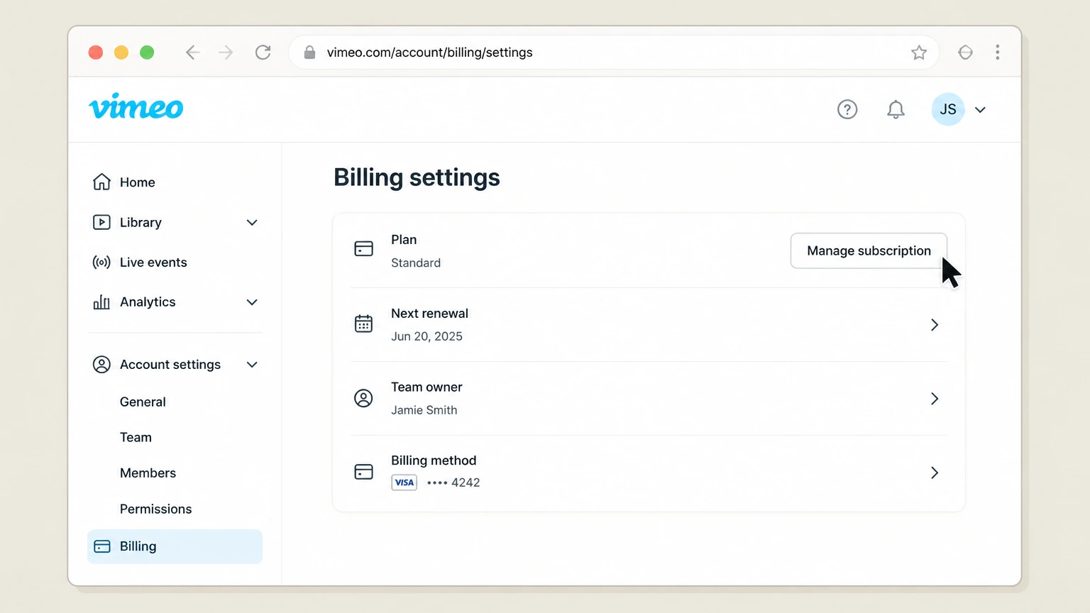 Vimeo web cancellation: Open Manage subscription
