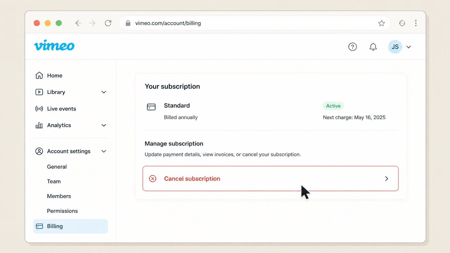 Vimeo web cancellation: Choose Cancel subscription