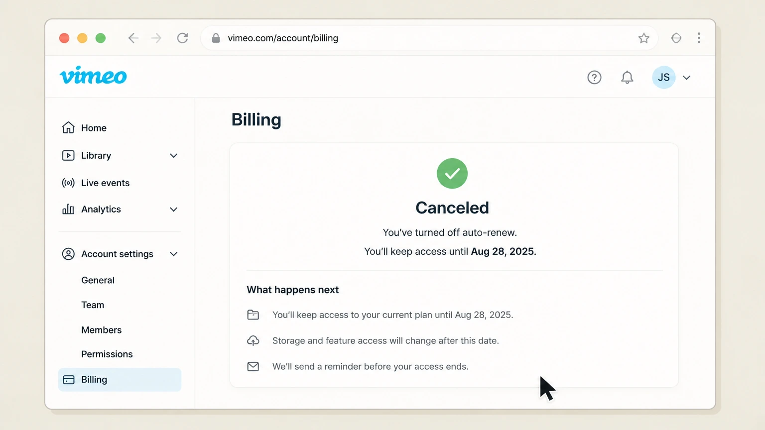 Vimeo web cancellation: Save the downgrade date