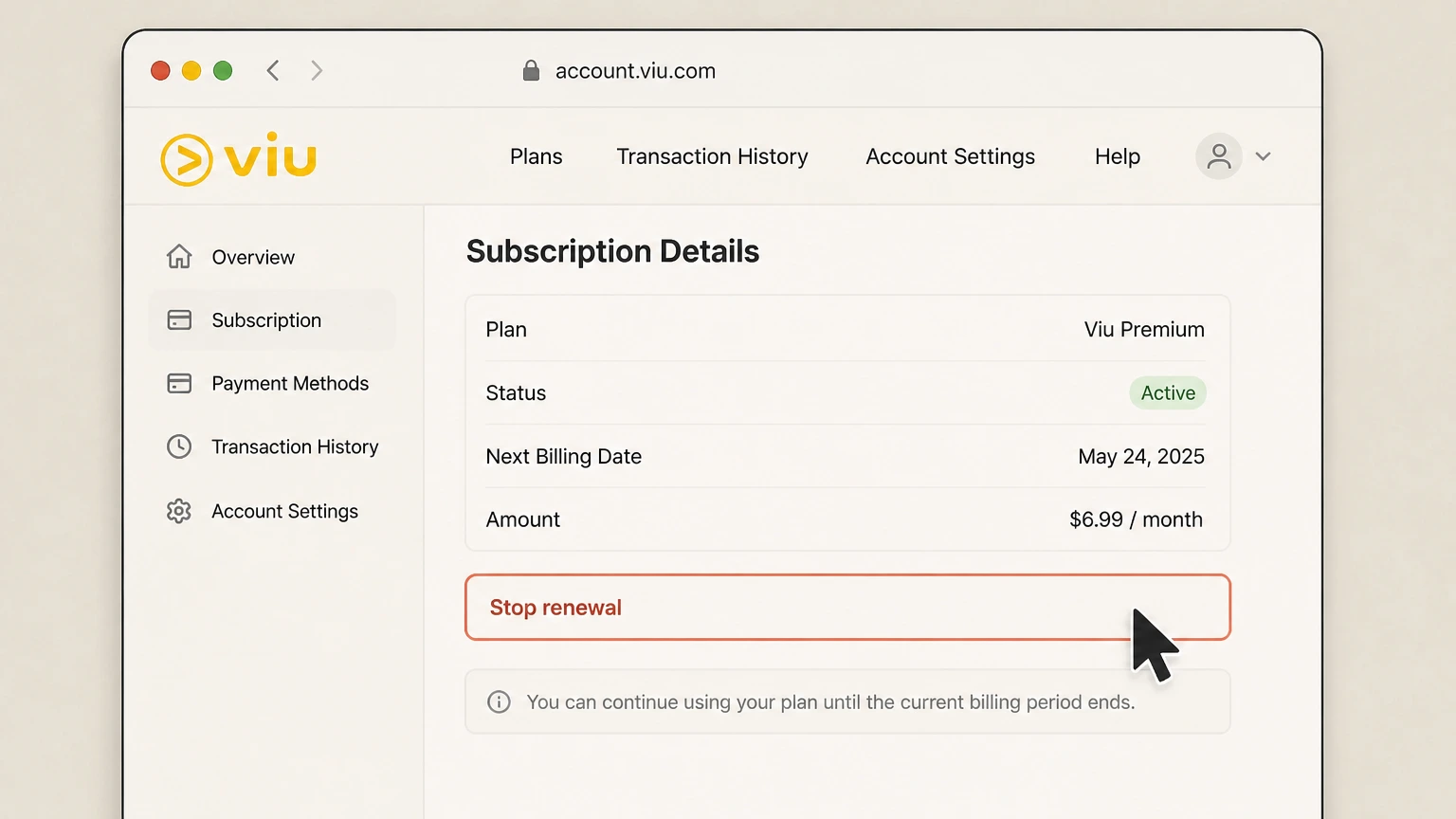 Viu mobile-carrier cancellation: Stop renewal