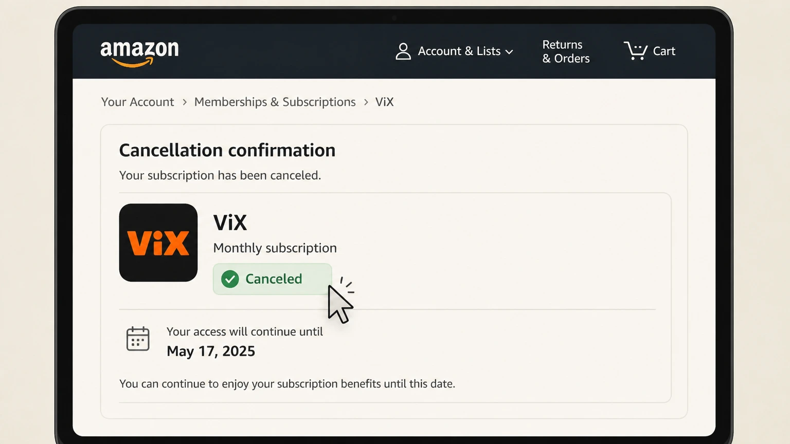 ViX amazon cancellation: Review the end date