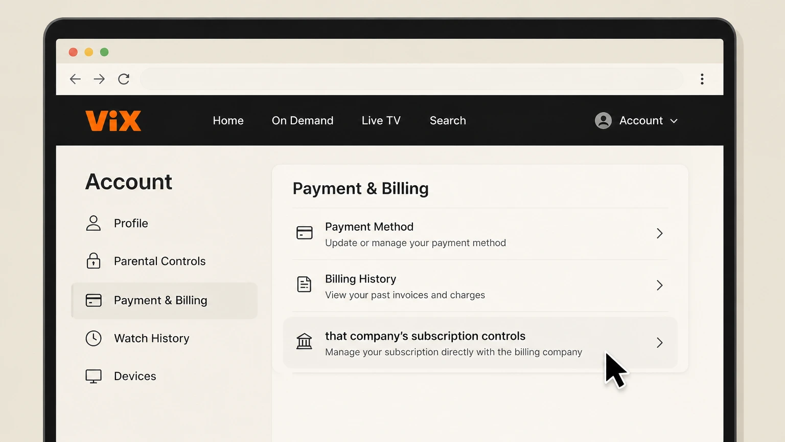 ViX billing-partner cancellation: Open that company’s subscription controls