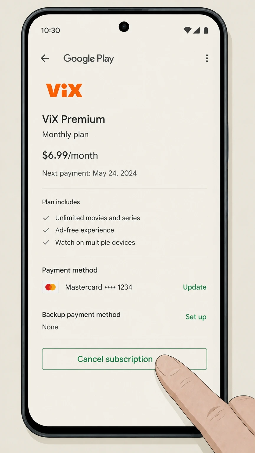 ViX google-play cancellation: Tap Cancel subscription