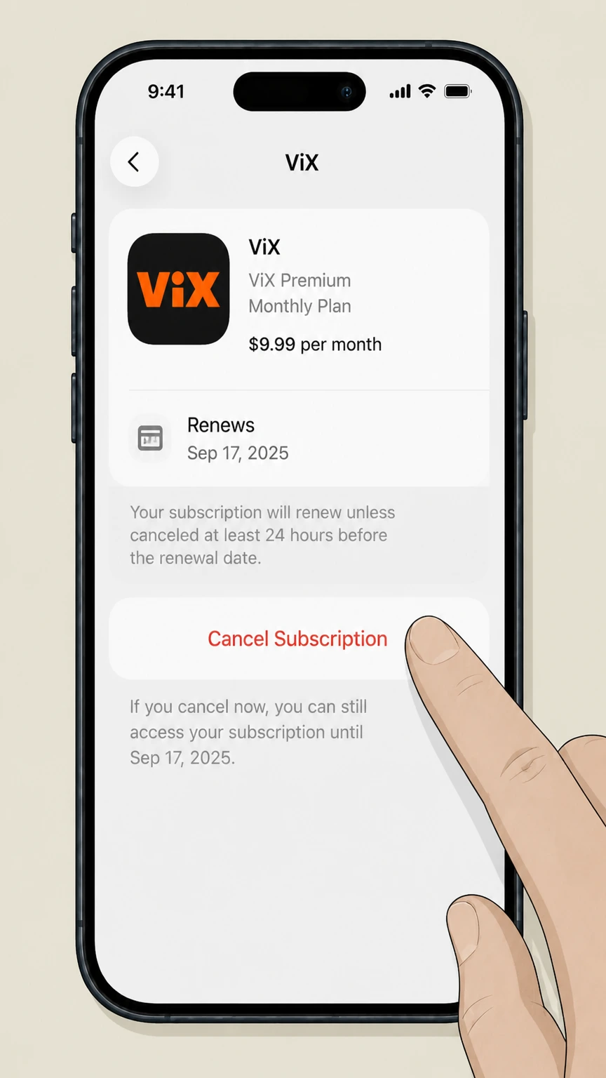 ViX ios cancellation: Tap Cancel Subscription