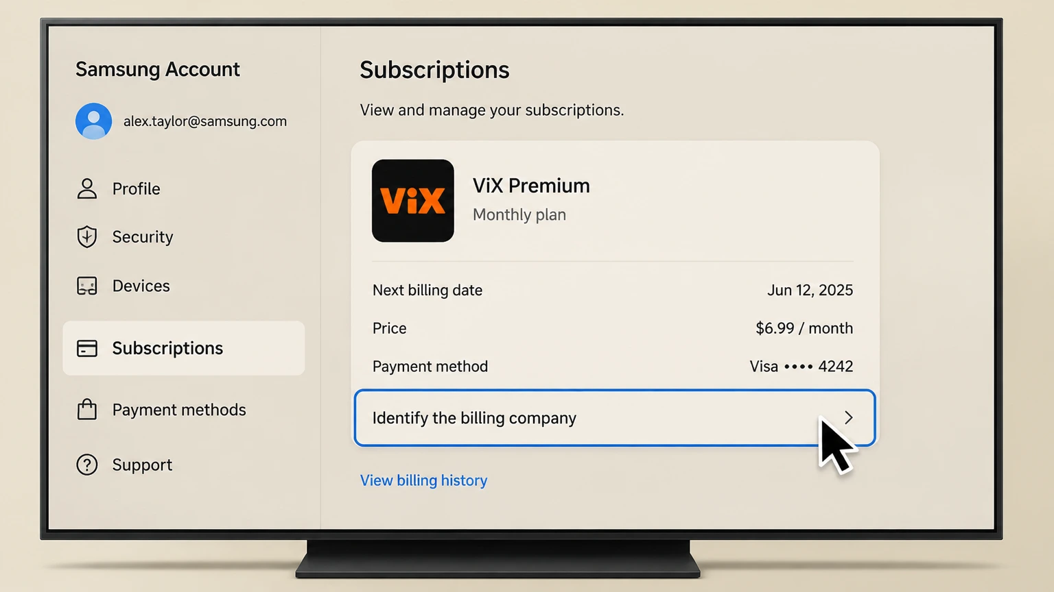 ViX samsung-tv cancellation: Identify the billing company