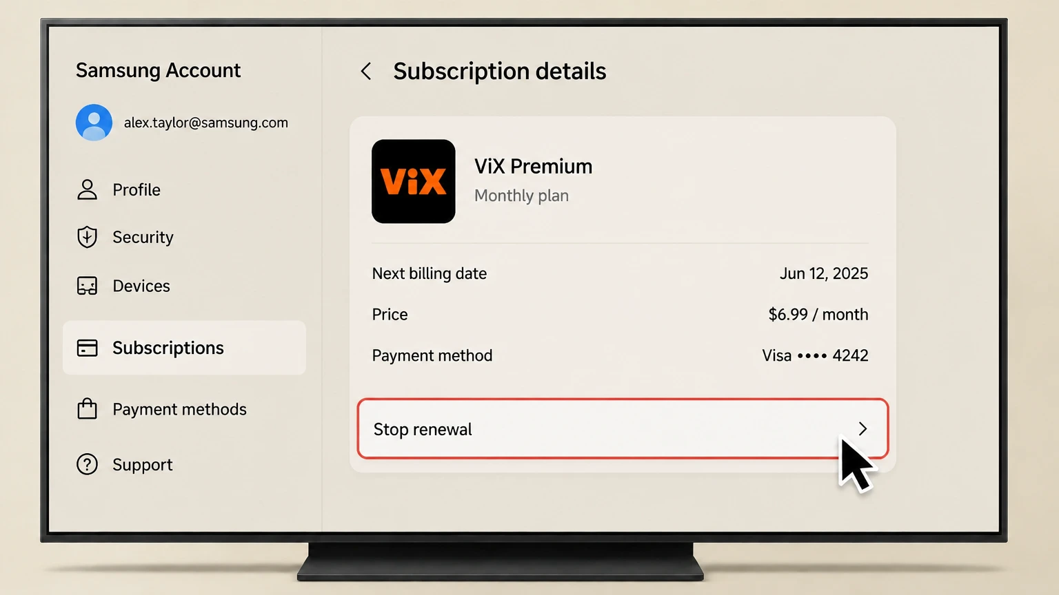 ViX samsung-tv cancellation: Stop renewal